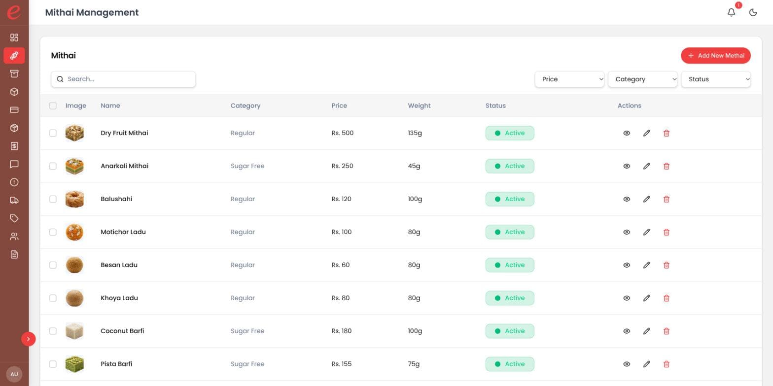 E-Mithai: Mithai catalogue with price and weight per piece