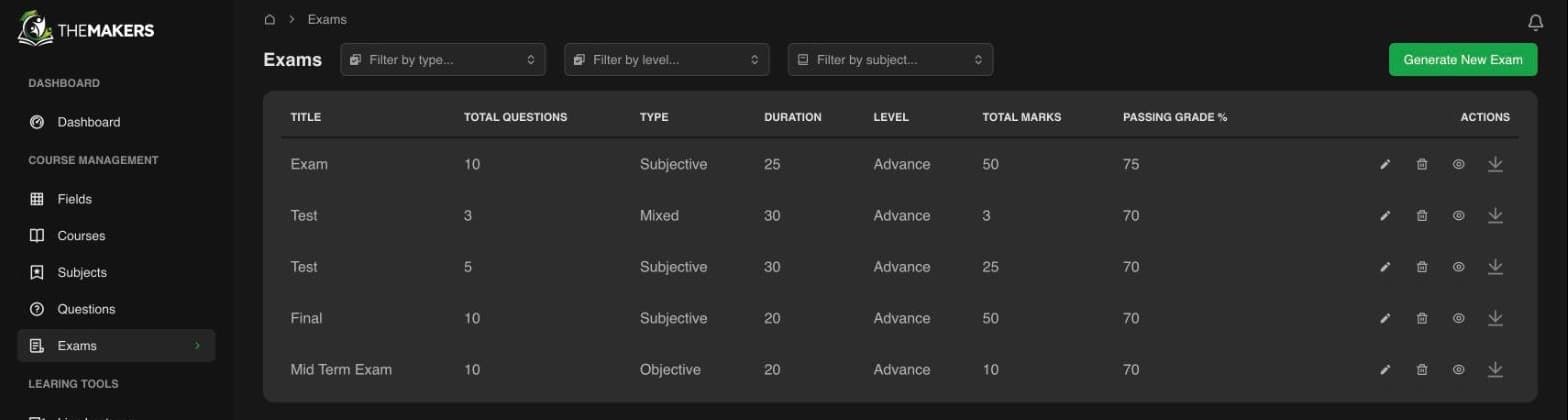 Makers LMS: Exams with question count, duration, marks and passing grade