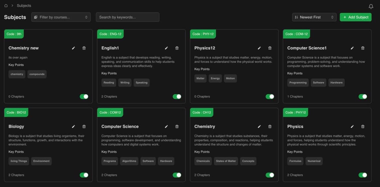 Makers LMS: Subjects with codes, key points and chapters