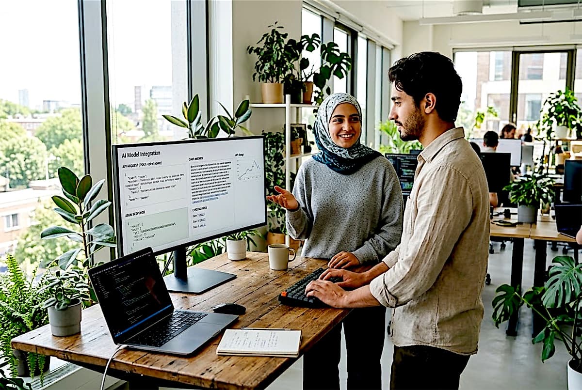 AI model integration: an engineer connecting a large language model to a business application
