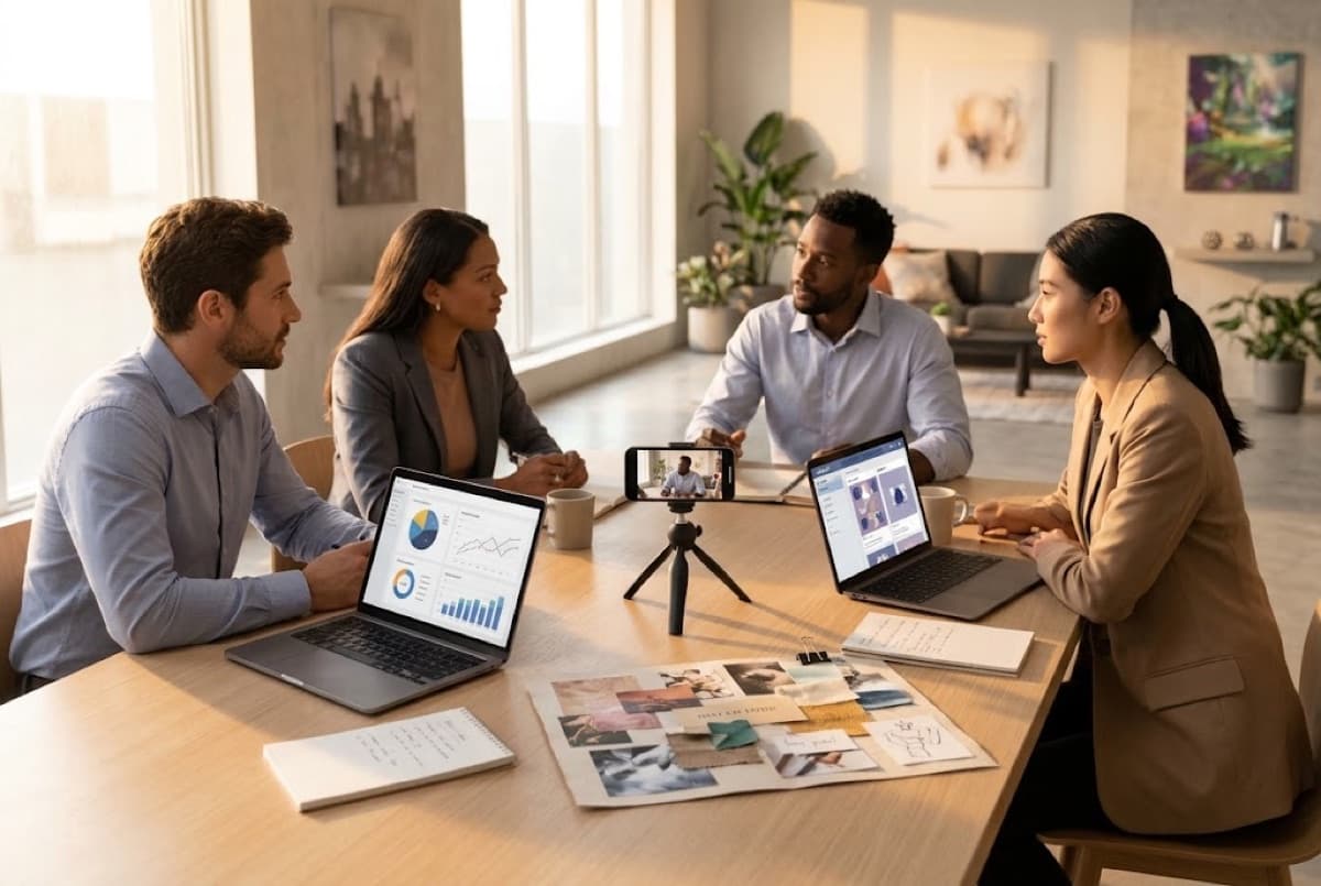 Digital marketing: a team planning campaigns with analytics on laptops