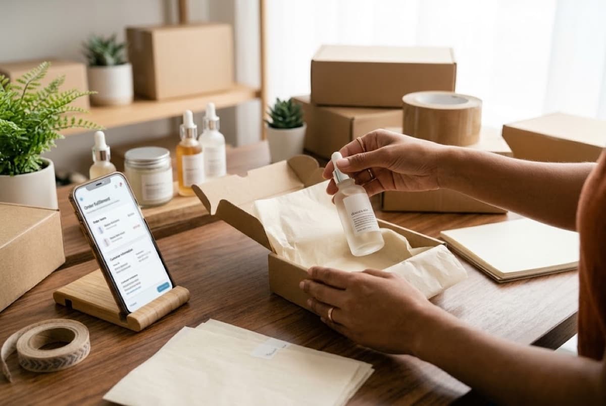 Ecommerce: packing an online store order next to a phone showing the order