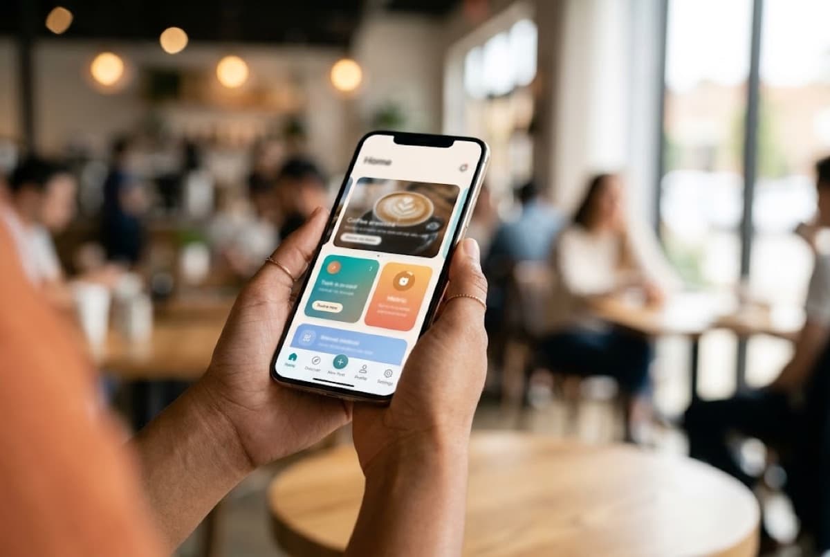 Mobile app development: a hand holding a smartphone running a modern app