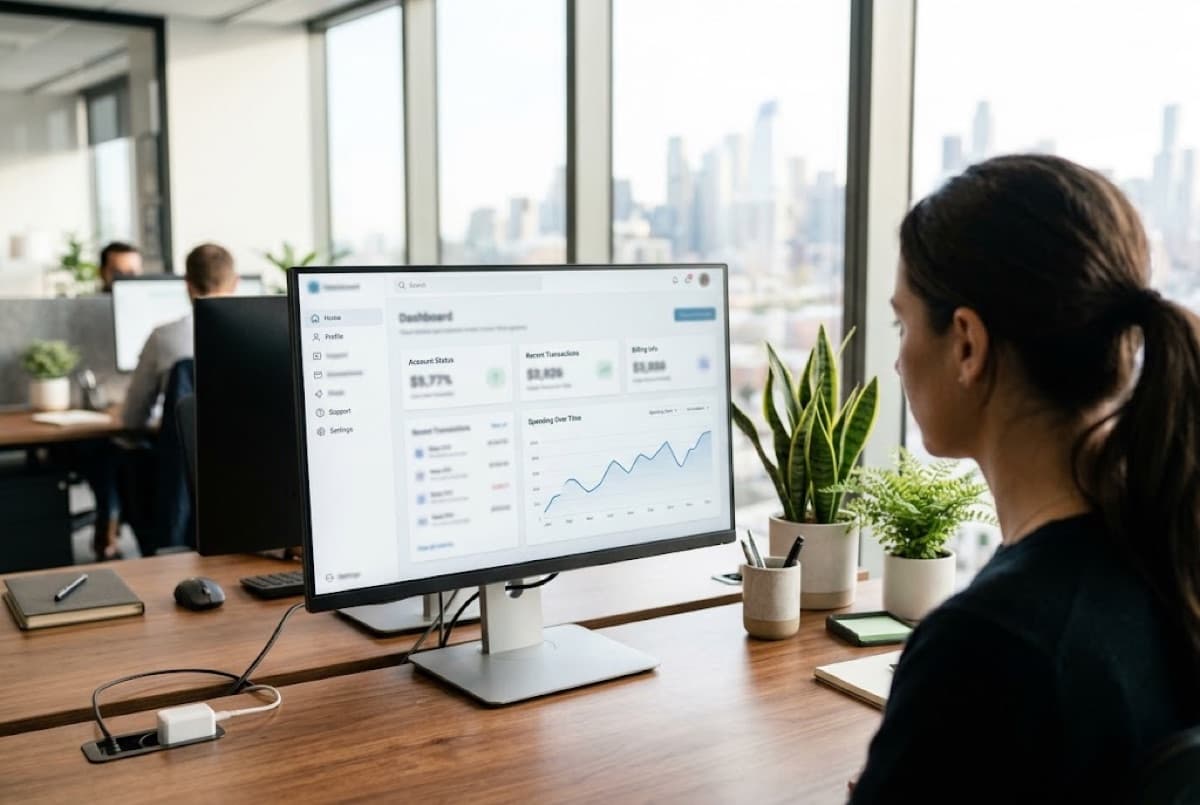 Web portal development: a customer self-service dashboard on a desktop monitor