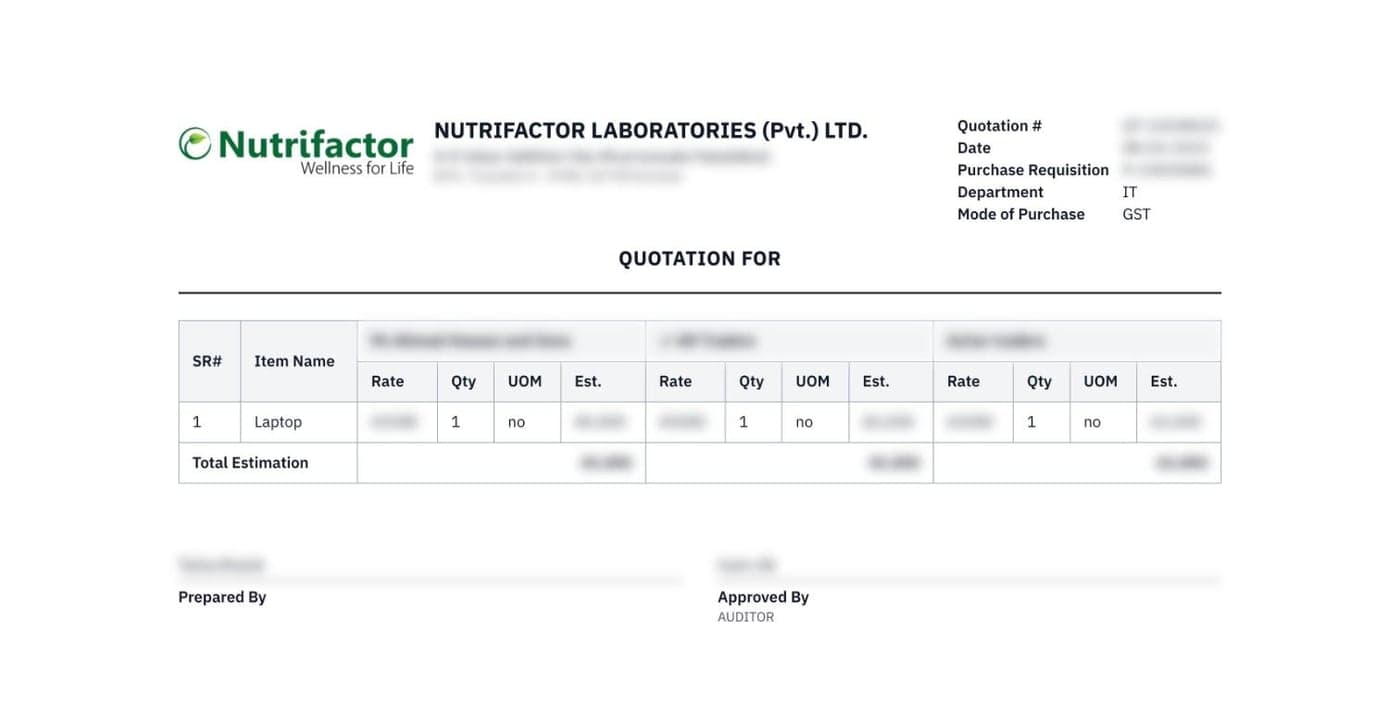 Printed quotation comparison with three vendors' rates and estimates side by side, vendor details blurred
