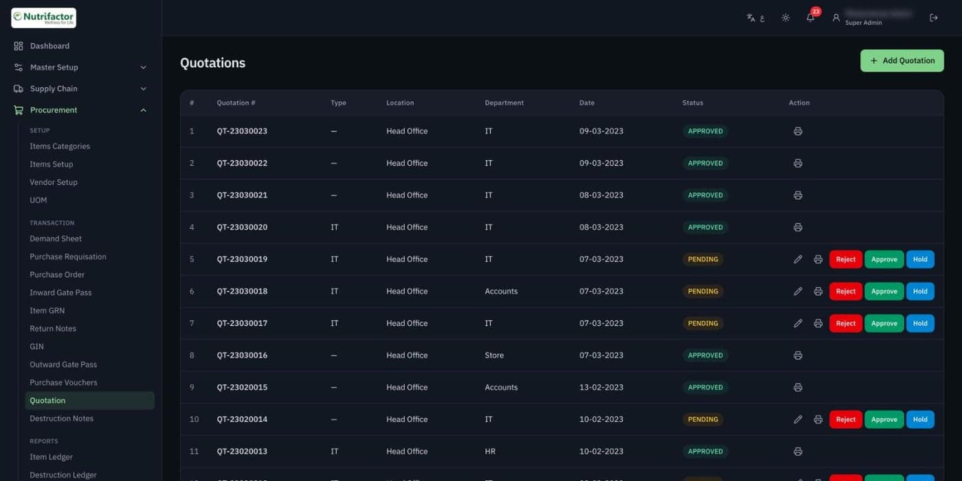 Quotations list in dark mode with department, date, status and approval buttons
