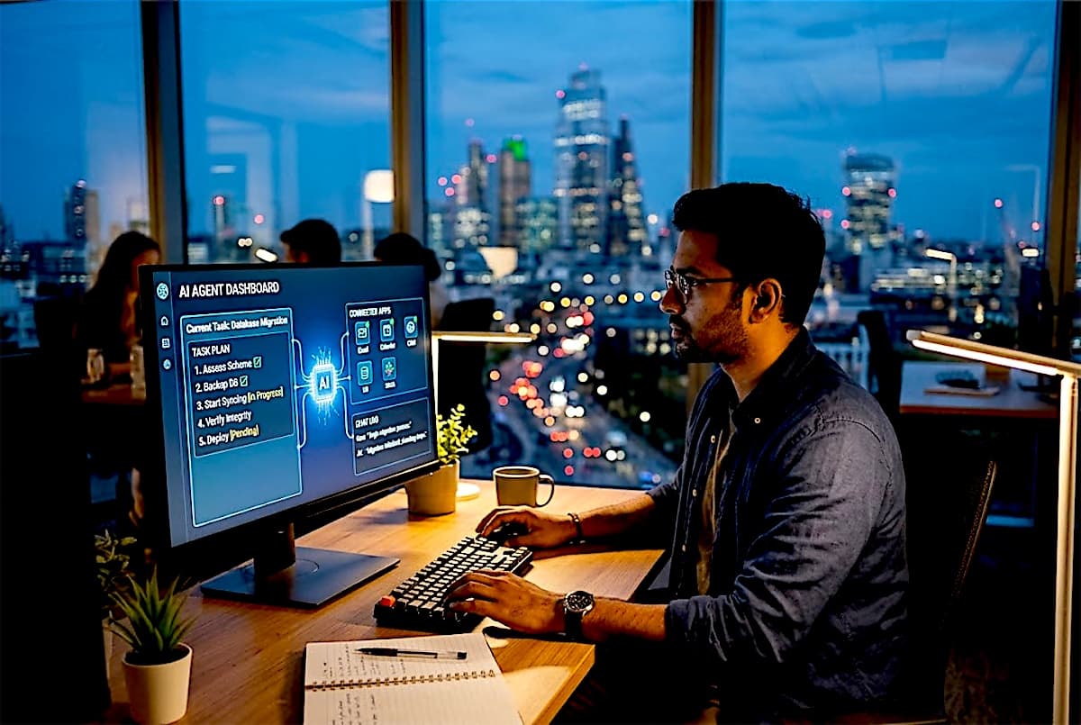 AI agent development: an AI agent planning and running tasks across business apps on screens