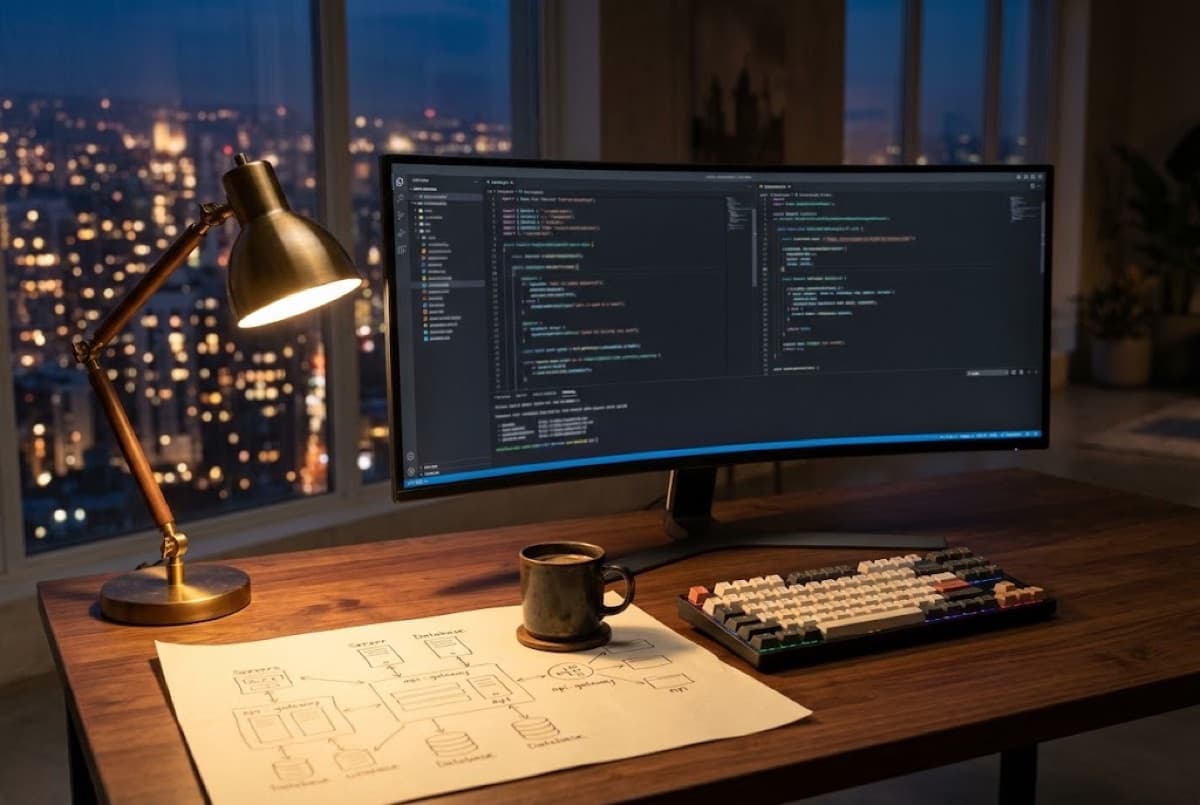 Custom software development: a developer workstation with code and an architecture sketch