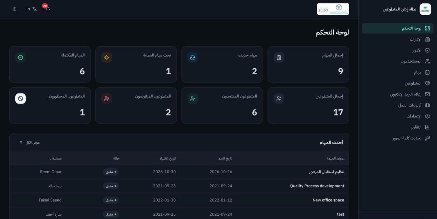 VMS dashboard in Arabic in dark mode