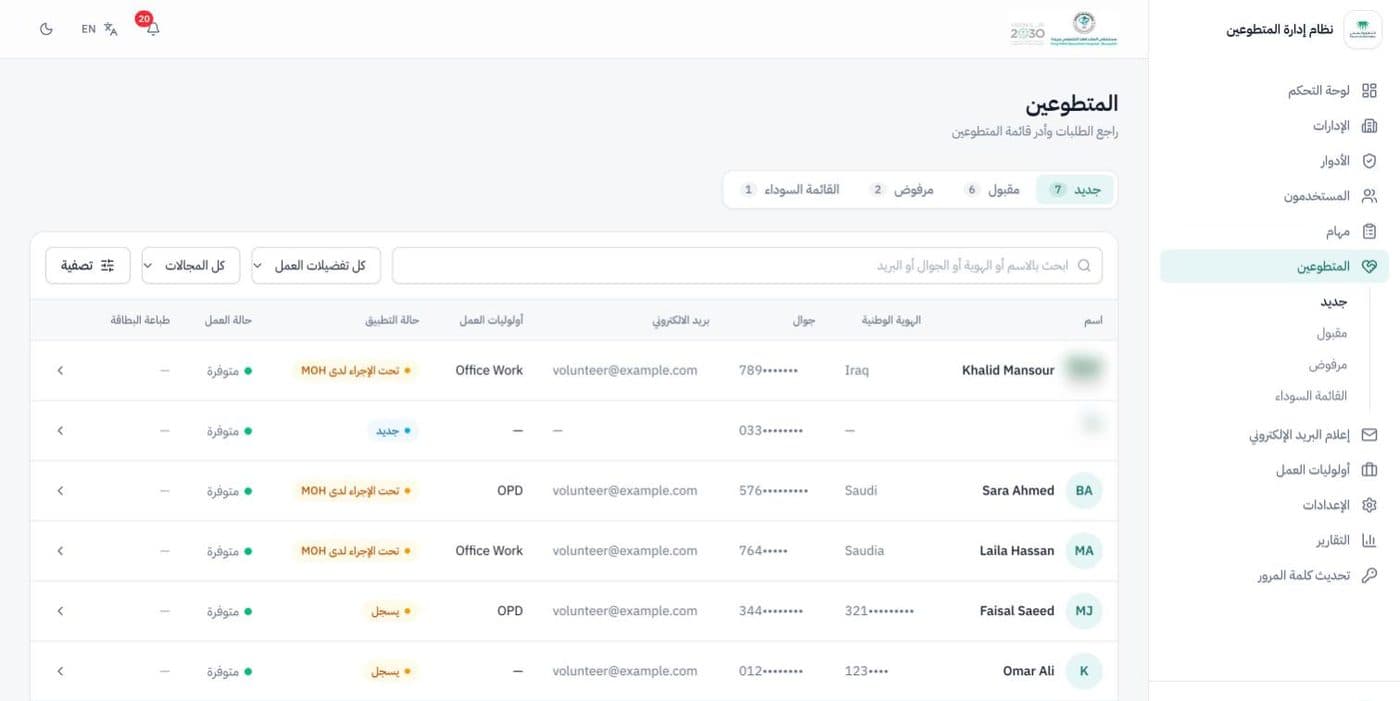 Volunteers list in Arabic with status tabs, search and filters